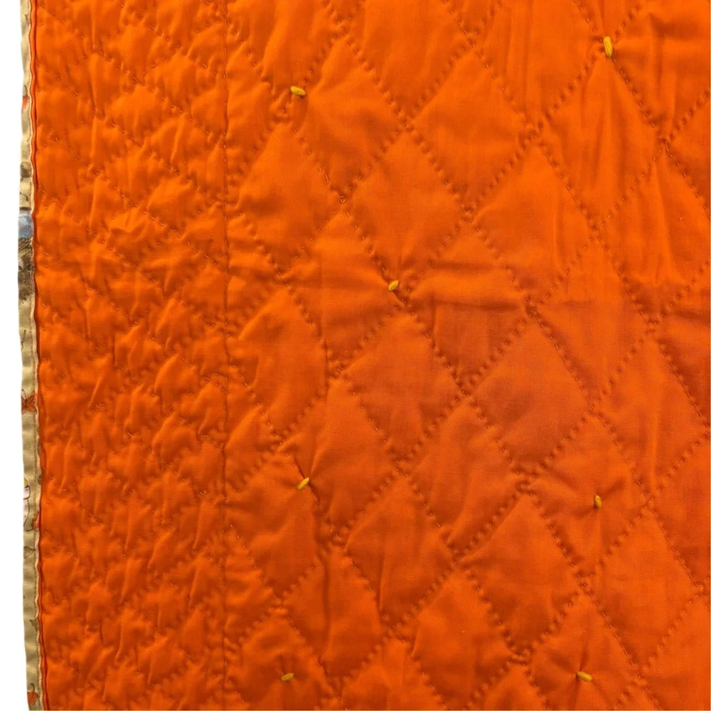 Handmade Autumn Teddy Bear Quilted Baby Blanket Orange Tan Fall Nursery 41x53
